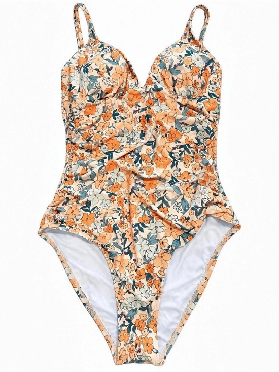 Cupshe Other - Cupshe Orange Floral Ruched Halter One Piece Swimsuit